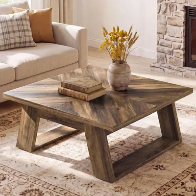 Produktbild von Tribesigns 100 cm Couchtisch, aus Holz | Geometrische Holzmaserung, dicke Tischplatte, stabile U-förmige Beine, pflegeleichte Oberfläche, Braun