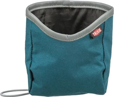 A teal colored treat pouch with a gray trim and a red Trixie logo tag.