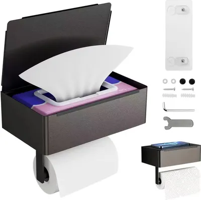 Produktbild von Toilettenpapierhalter Schwarz – Mit Feuchttücherbox, Selbstklebend oder zum Bohren, Badezimmer Zubehör
