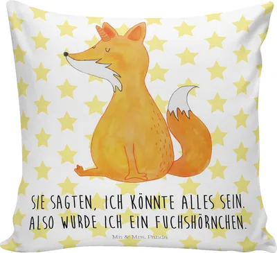 Produktbild von Mr. & Mrs. Panda Dekokissen Einhorn Fuchs - Weiß - Geschenk, Sofakissen 40x40, Deko Kissen, Füchse, Sofa, Kuschelkissen, Einhörner, Fuchshörnchen, Unicorn, Unicorns