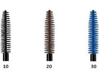 Three mascara wands of different colors with numbers below them.