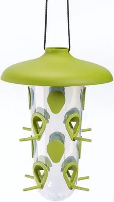 Productafbeelding van Vogelhuis om op te hangen, geschikt voor wilde vogels - 2-in-1 vogelvoerdispenser set, functioneert als voersilo en als houder voor mezenbollen - gemaakt van kunststof, groen