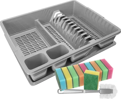 Produktbild von WELLGRO Abtropfgestell aus Kunststoff mit Reinigungsbürste und 10 Schwämmen - 44x35x9 cm (LxBxH) - Schale Geschirrkorb Abtropfkorb Abtropfgitter für Spüle  Europe