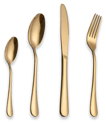 A set of gold-colored cutlery, including two spoons, a knife, and a fork, arranged vertically against a white background.