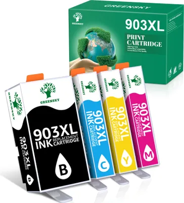 Four ink cartridges and their packaging are displayed against a white background.