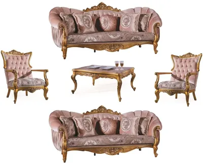 Produktbild von Casa Padrino Luxus Barock Wohnzimmer Set Rosa / Gold - 2 Sofas & 2 Sessel & 1 Couchtisch - Wohnzimmer Möbel - Edel & Prunkvoll