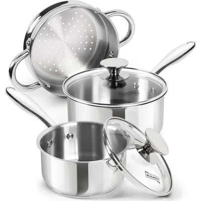 Immagine prodotto di Set di pentole in acciaio inossidabile con coperchio in vetro, composto da 5 pezzi: casseruola con manico in acciaio inossidabile 18/10, set di pentole per salse, fondo triplo, adatte per induzione, capacità: 1 litro e 2 litri