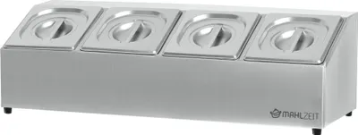 Produktbild von Mahlzeit Edelstahl Zutatenbehälter | 4 x 1/6 GN Behälter mit Gummifüße | 68,5 x 24,5 x 21,5 cm