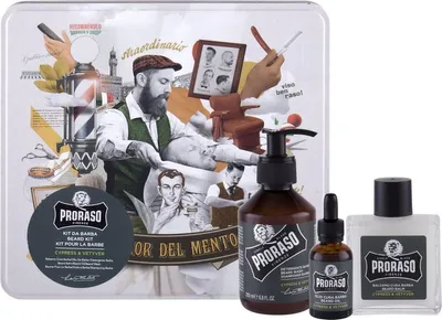 A collage of vintage barber shop imagery and Proraso beard care products.