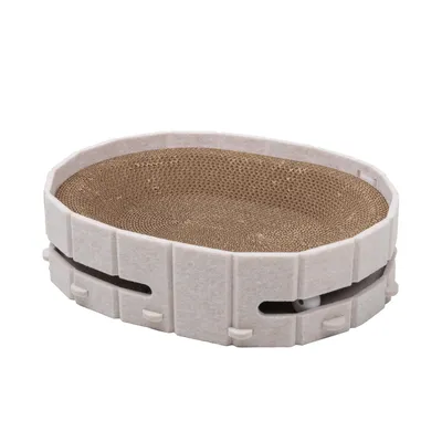 Produktbild von Katzenbett mit Kratzbrett aus Pappe & Spielball 43×34×11 cm Katzenzubehör Katzenspielzeug Selbstbeschäftigung Kratzliege Katzenkissen für Katzen Beige