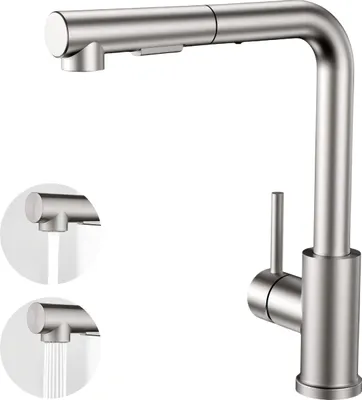 Produktbild von Küchenarmatur, Hochdruck-Küchenarmatur mit ausziehbarer Brause aus Edelstahl, 360° drehbarer Wasserhahn, 2 Sprühmodi, Spültischarmatur, Gebürstet