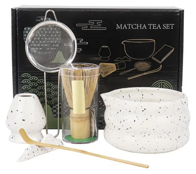 Immagine prodotto di Set da tè Matcha, 6 pezzi, con frustino, ciotola, cucchiaino, setaccio e supporto, colore bianco