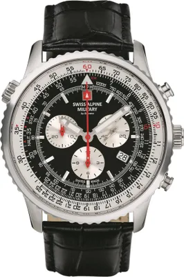 A close-up studio shot of a Swiss Alpine Military watch with a black leather strap.