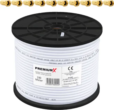 Produktbild von PremiumX 100m BASIC Koaxialkabel 135dB 4-fach SAT Antennenkabel Koax Kabel RG6 ClassA Satellitenkabel 10x F-Stecker