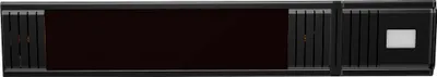 A black infrared patio heater with a dark display and a gray button on the right side, set against a black background.