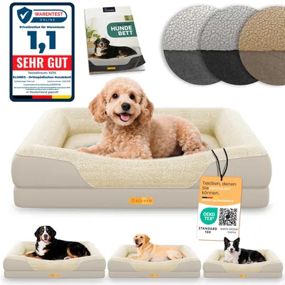A collage of images showing a dog bed with different dogs, product packaging, and certifications.