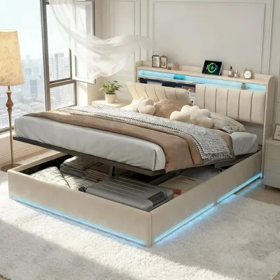 Produktbild von Polsterbett - Doppelbett - 160 × 200 cm - LED-Beleuchtung - USB-Ladestation - Hydraulischer Bettkasten - Lattenrost - Beige