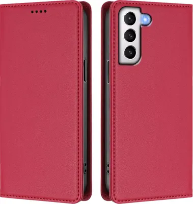 Produktbild von Handyhülle für Samsung Galaxy S21+ 5G, Kunstleder Klapphülle Stoßfeste Magnetische Hülle mit Ständer Rot