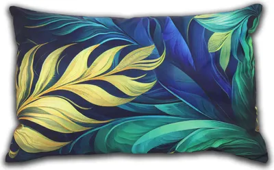 A rectangular pillow with a botanical print of large, stylized leaves in shades of blue, green, and yellow.