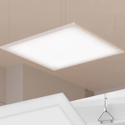 A rectangular LED panel light is suspended from the ceiling.