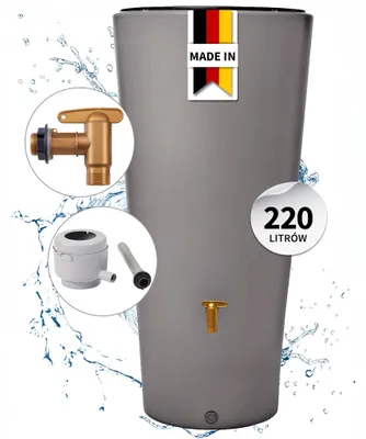 Zdjęcie produktu dla 4rain VASO 2w1 zbiornik na deszczówkę 220 l, szary cynkowy, z kranem spustowym z tworzywa sztucznego i przyłączem do rury spustowej, Obraz wygenerowany przez AI