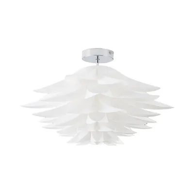 A white ceiling lamp with a layered, petal-like design, mounted on a white background.