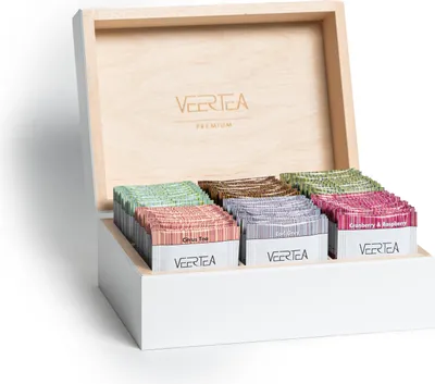 Produktbild von Veertea Tee - Teebox - Tee Geschenkset - Tea Set - Sorgfältig Ausgewählte Sorten - Box Holz - Teemischung - 6 Geschmacksorten, 96 Beutel - Weiß