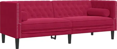 Zdjęcie produktu dla vidaXL Sofa Chesterfield z poduszkami 3-osobowa aksamit w kolorze czerwonego wina