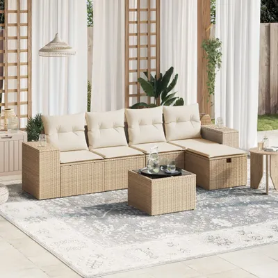 Imagen del producto de Conjunto de sofá de jardín de 6 piezas con cojines, color beige, fabricado en polirratán