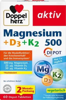 Produktbild von Doppelherz aktiv Magnesium 500 + D3 + K2 Depot-Tabletten, 60 St. Tabletten