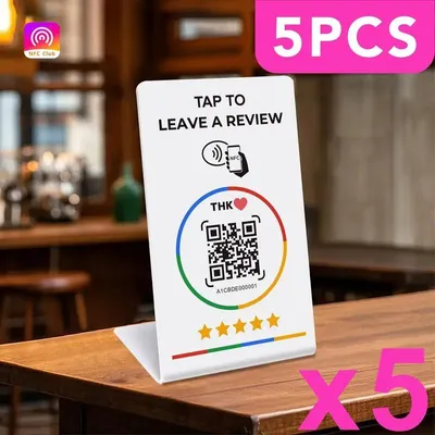 Produktbild von 5xNFC Review-Ständer mit QR-Code – Kundenbewertungen per Scan & Tap – Englischsprachiger Text – Google Review Tool für Tresen & Rezeption