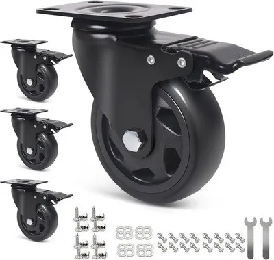 Produktbild von Schwerlast 100 mm Schwerlastrollen - 600 kg Tragfähigkeit - Gummischwenkrollenwagen mit Rückrast - 16 Stück Schrauben enthalten
