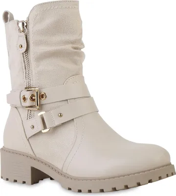 Produktbild von VAN HILL Damen Leicht Gefütterte Biker Boots Stiefeletten Schnallen Schuhe 841452, Farbe: Creme, Größe: 38