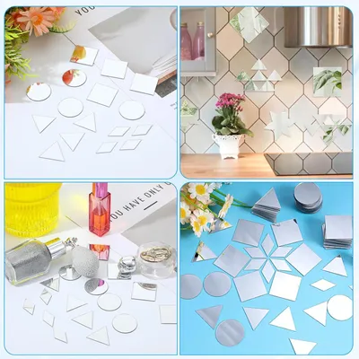 Productafbeelding van 120 kleine, zelfklevende spiegeltjes in 4 vormen, 2,5 cm, geschikt voor knutselwerk, als mini-spiegeltegels voor discoballen, lampenkappen en decoraties, verkrijgbaar in driehoeken, vierkanten, ronde vormen en ruiten