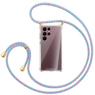 Produktbild von Handykette Backcover-Schutzhülle mit Band (Metall goldfarben) für Samsung Galaxy S22 Ultra 5G (S908) - pink/mint