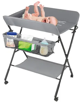 Produktbild von Mobiler Wickeltisch - Wickeltisch mit Rollen für Babys - Klappbar - Höhenverstellbar - Mit Ablage - Sicherheitsgurt - Platzsparend - Grau