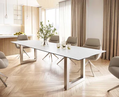 Produktbild von DELIFE Esstisch Edge 300x100 Keramik Laminam® Statuarietto Weiß Edelstahl Breit