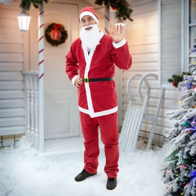 Produktbild von ECD Germany 5-Teilig Weihnachtsmann Kostüm, Einheitsgröße S-XL, Rot-Weiß, inkl. mit Oberteil/ Hose/ Mütze/ Bart/ Gürtel, Verkleidung für Weihnachten, Nikolauskostüm Santa Claus Anzug für Herren/Erwachsene