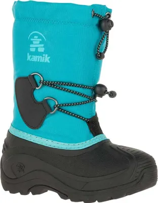 A single teal and black child's winter boot is shown against a white background.