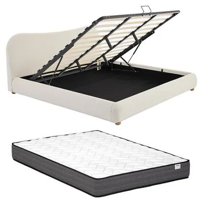 Produktbild von Bett mit Bettkasten - 200 x 200 cm - Bouclé-Stoff - Weiß - VANARI