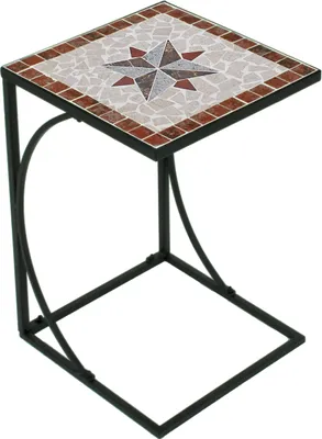 A square side table with a mosaic top and a black metal frame.