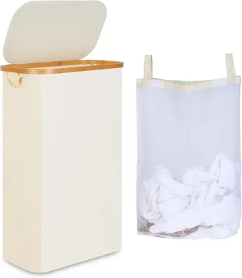 Obrázek produktu pro Úzký košík na prádlo, objem 60 litrů, béžová barva, rozměry 41 x 23 x 66,5 cm, s vnitřní taškou, bambusová rukojeť, vhodný do koupelny