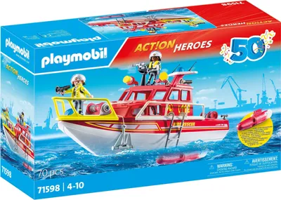 The image shows the packaging of a Playmobil fire rescue boat set, with the boat and figures depicted on a blue, watery background.