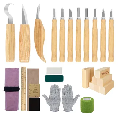 Produktbild von Schnitzwerkzeug 30-in-1 Set - Schnitzblöcke - Löffelmesser/Schälmesser - Kerbmesser - Schnittfeste Handschuhe - Hochwertige Messer - Schnitzset