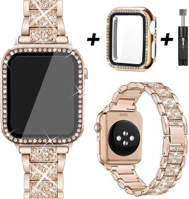 Produktbild von FFO2World Glitzer-Roségoldarmband + Diamant-Uhrengehäuse + Armbandversteller für Apple Watch 41 mm (Serie 7‑9) – s Metall & Schutzhülle