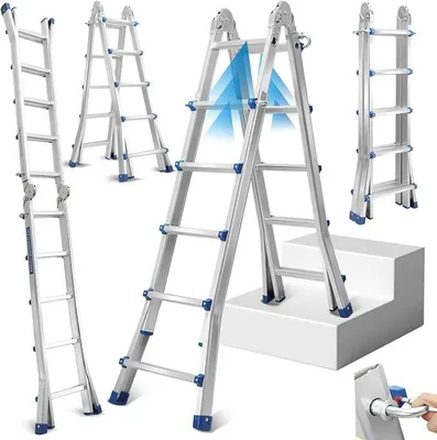 Imagen del producto de Escalera multiusos de 513 cm, con 4 escalones y 5 peldaños. Escalera telescópica 3 en 1. Escalera de aluminio multifuncional, plegable. Carga máxima: 150 kg. Escalera deslizante, con plataforma de apoyo y escalera para subir por escaleras, en ambos lados