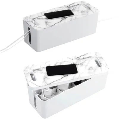 Produktbild von Hama Kabelbox zum Verstecken von Kabeln und Steckdosenleisten (Kabelmanagement für Schreibtisch und TV, Box mit Kabelführung im Deckel für Handy, integr. Kabelführung weiß, Marmor-Muster