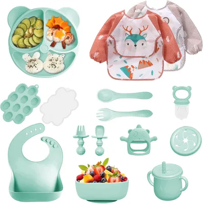 Produktbild von Silikon Baby Essgeschirr Set 14-teilig, mintgrün, mit Saugnapf, Teller, Schale, Besteck, für Babys