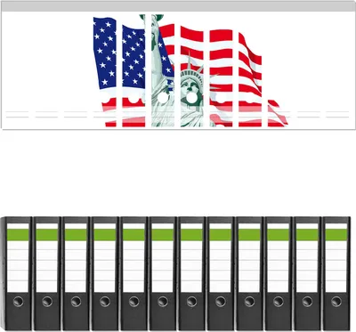 Produktbild von Wallario 12 Stück breite Ordner inkl. Klebeetiketten mit Motive Freiheitsstatue USA -  Set mit Rückenschildern / Ordnerrücken Stickern