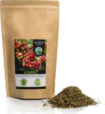 Produktbild von Weissdorn Tee (250g), geschnitten, schonend getrocknet, Heckendorn 100% rein und naturbelassen zur Zubereitung von Tee, Weissdorntee